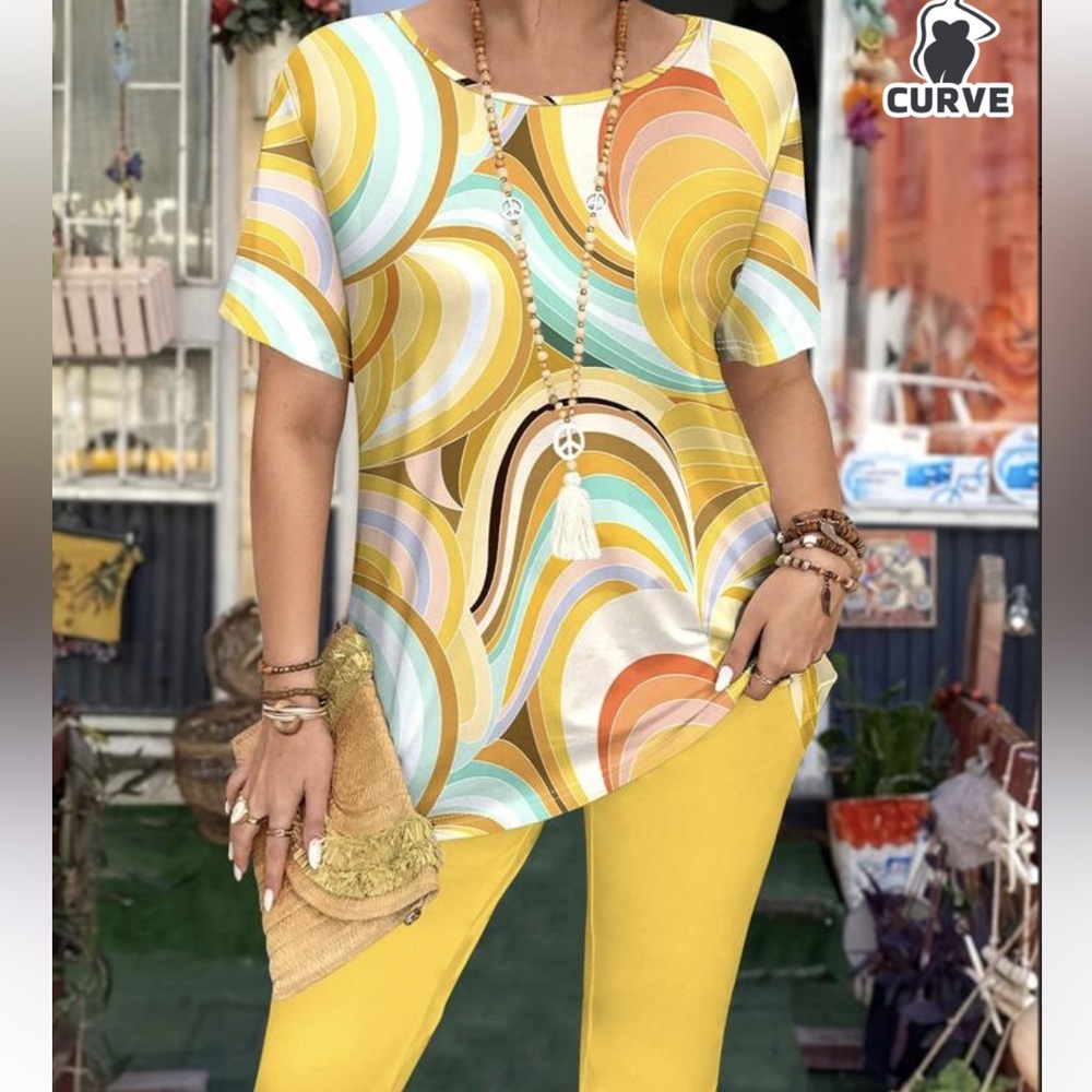 NEW Plus Curve Abstract Swirl Tunic Top and Capri pants,Yellow & Mint size XXL
